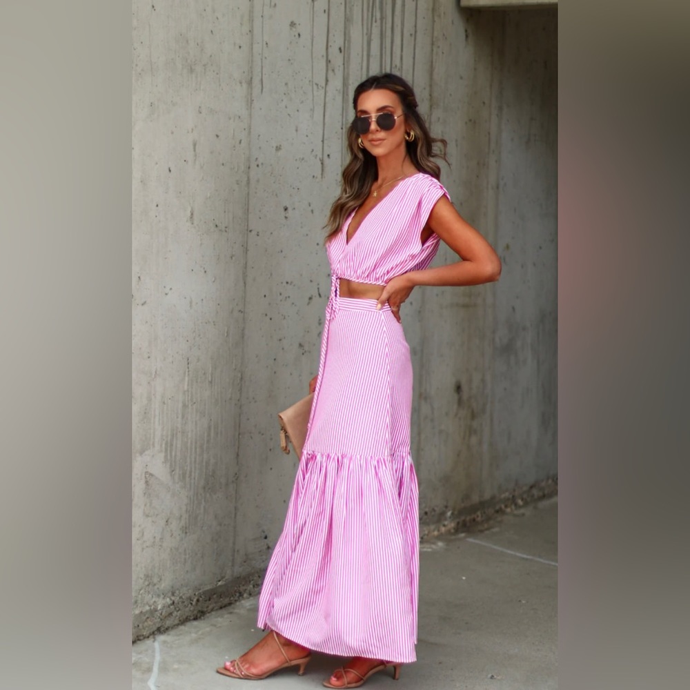 Vici Reagan Striped Maxi Skirt & Drawstring Crop Top